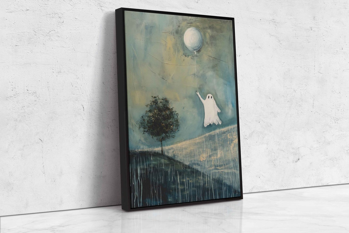 Ghost Holding Balloon Floating Over Field With Lone Tree Poster - Image 4