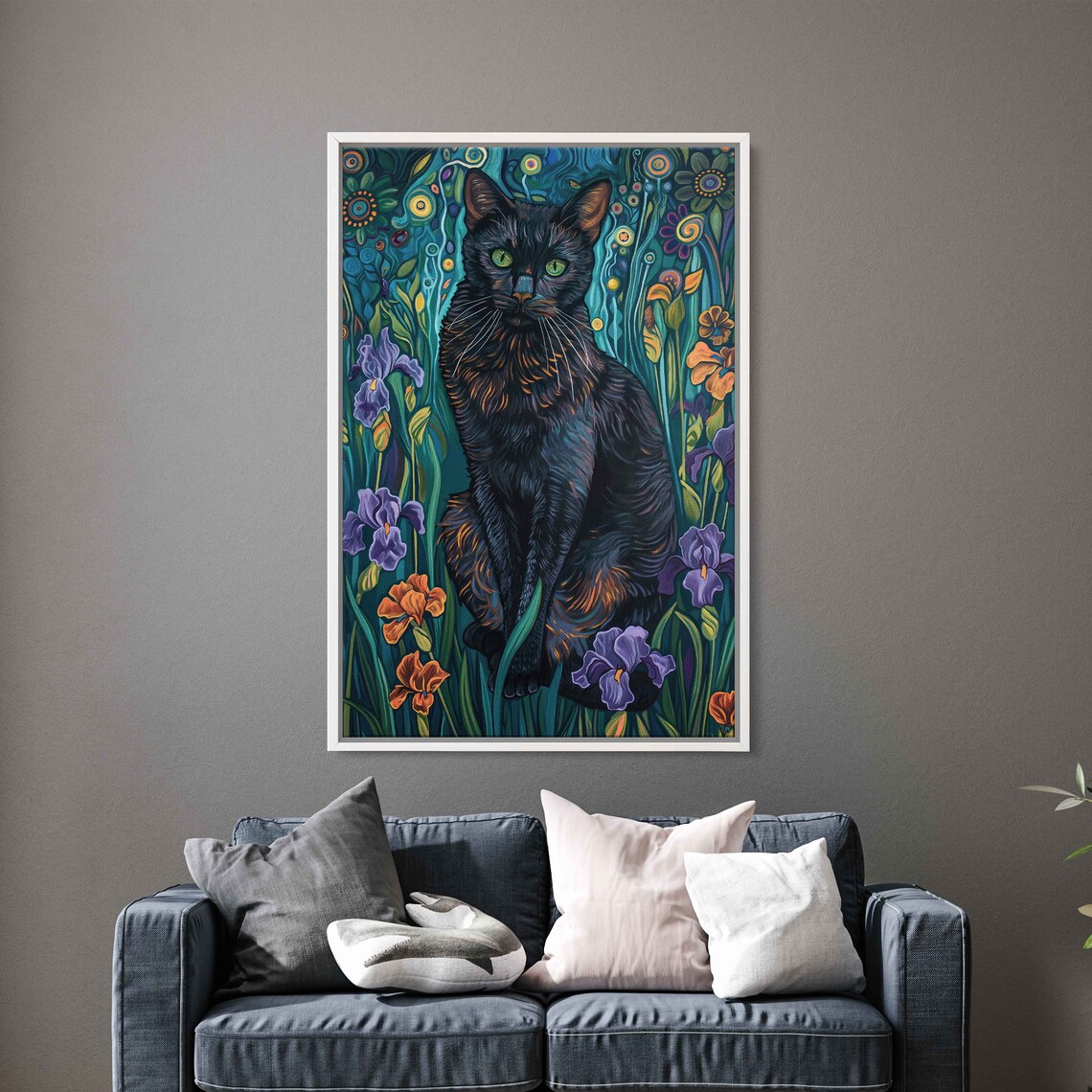 Regal Black Cat Iris Blooms Teal Garden Detailed Feline Portrait Poster - Image 3