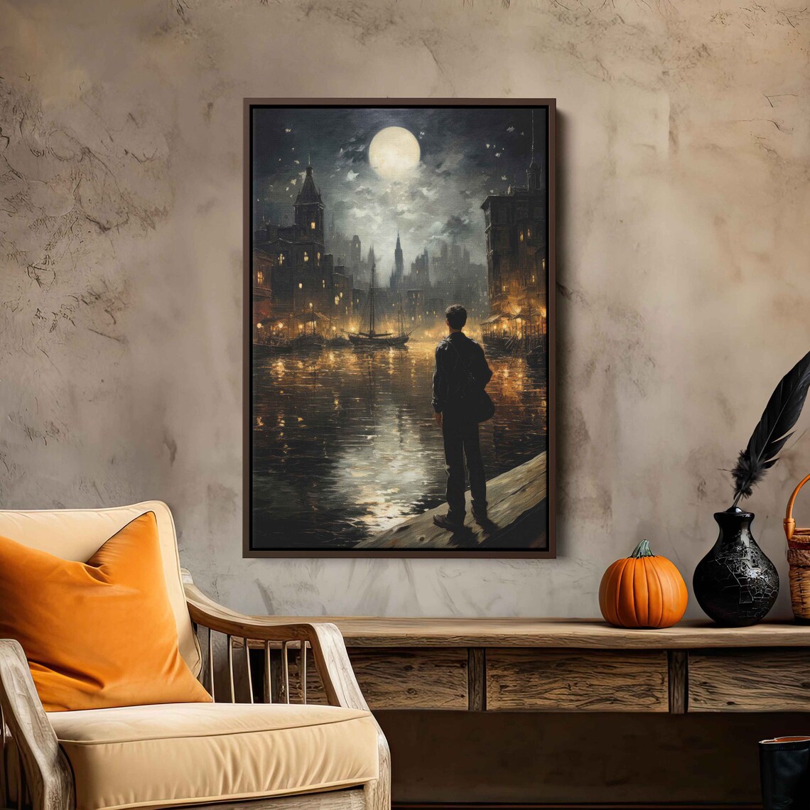 Moonlit Old Harbor City Night Sailboats Lonely Traveler Travel Poster - Image 3