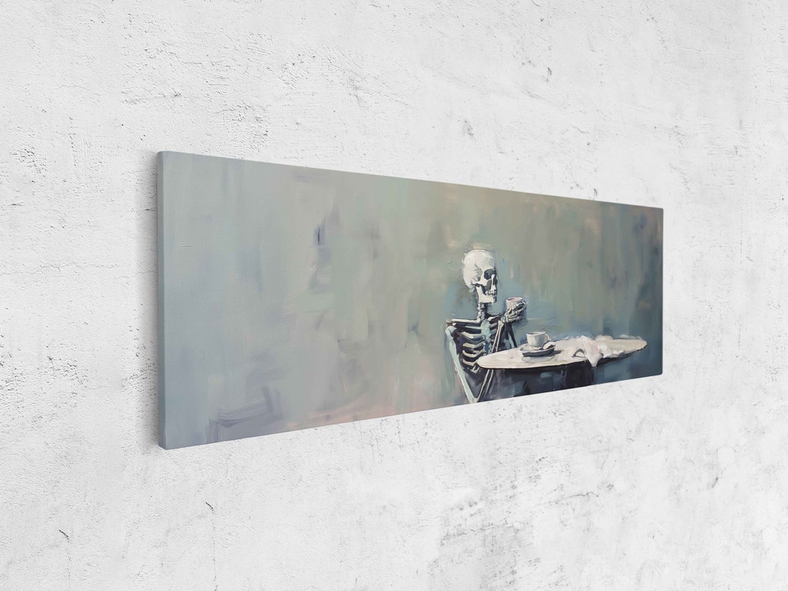 Skeleton Drinking Tea At Table Oil Painting Halloween Spooky Wall Art - Image 4