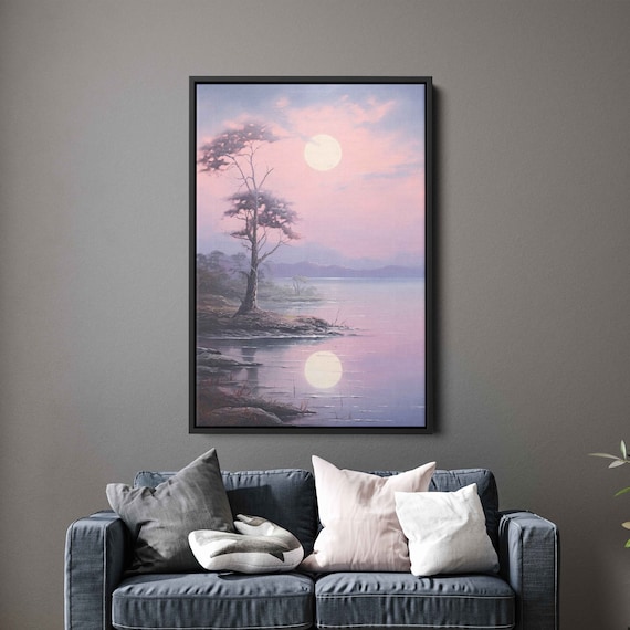 Moonlit Tree On Lake Coast Wall Art Print Moon Reflection Foggy Skies Ready To Hang