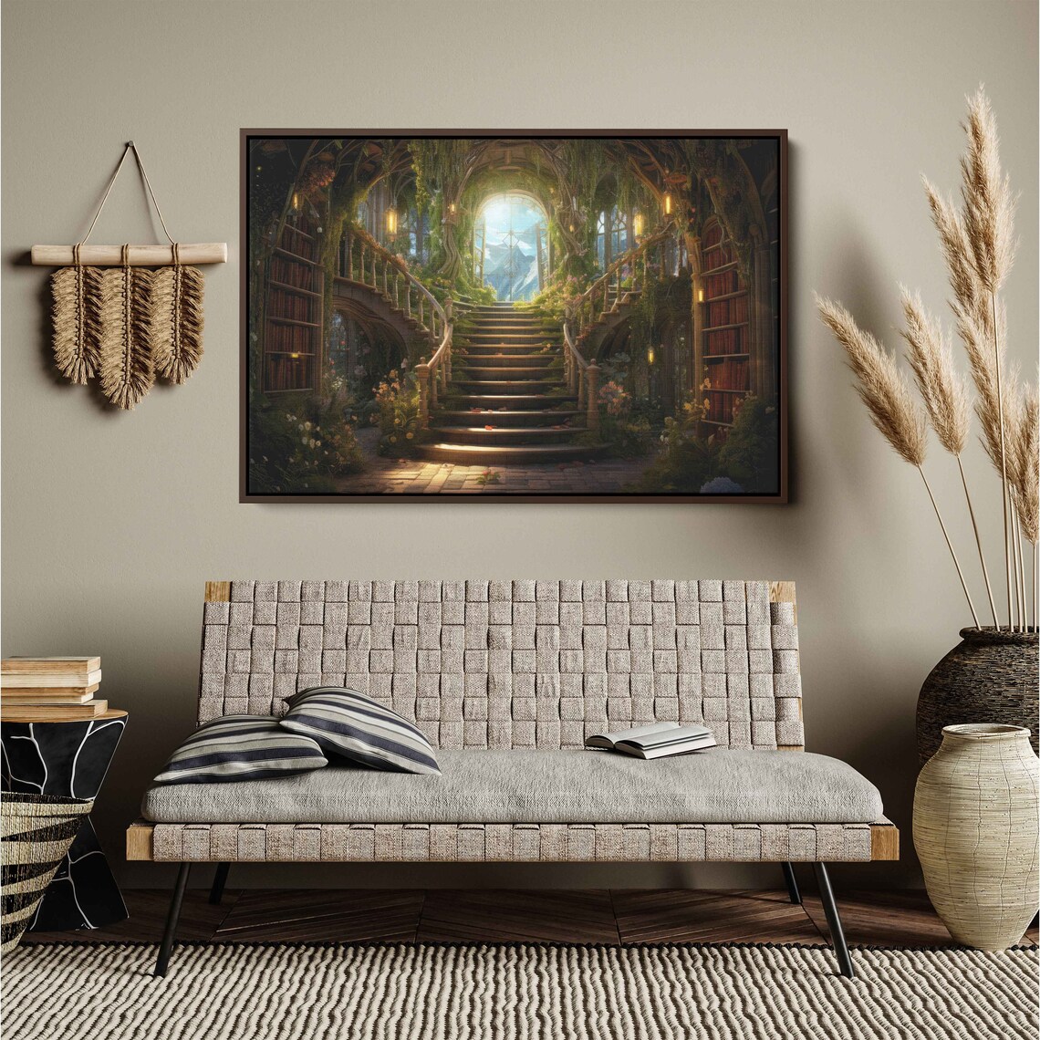 Enchanted Treehouse Library Spiral Bookshelf Staircase Vines Fantasy Print - Image 2