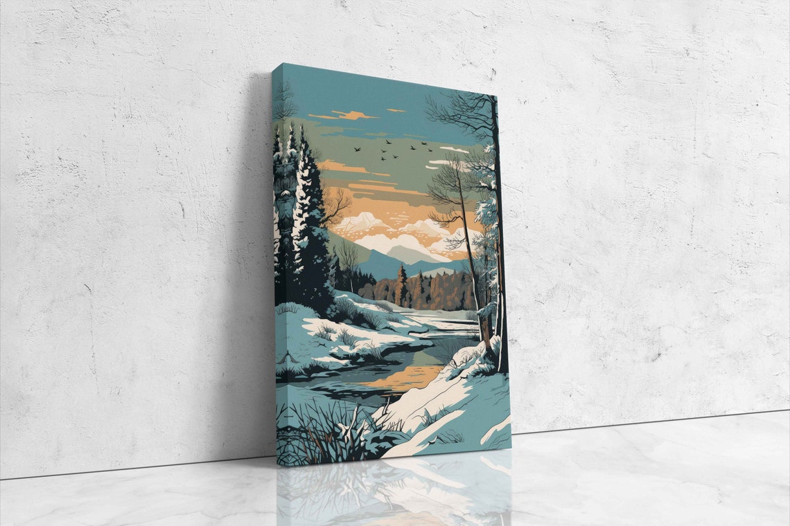 Snowy Winter Forest River Dusk Pop Art Landscape Travel Poster - Image 4