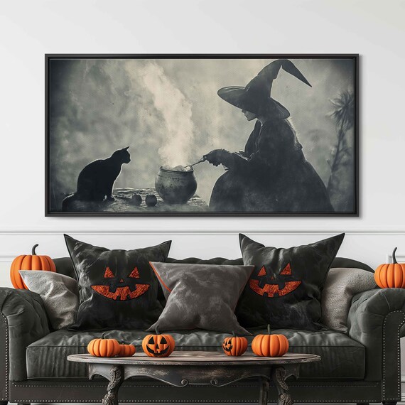 Vintage Witch Brewing Potion Cauldron With Black Cat Halloween Print