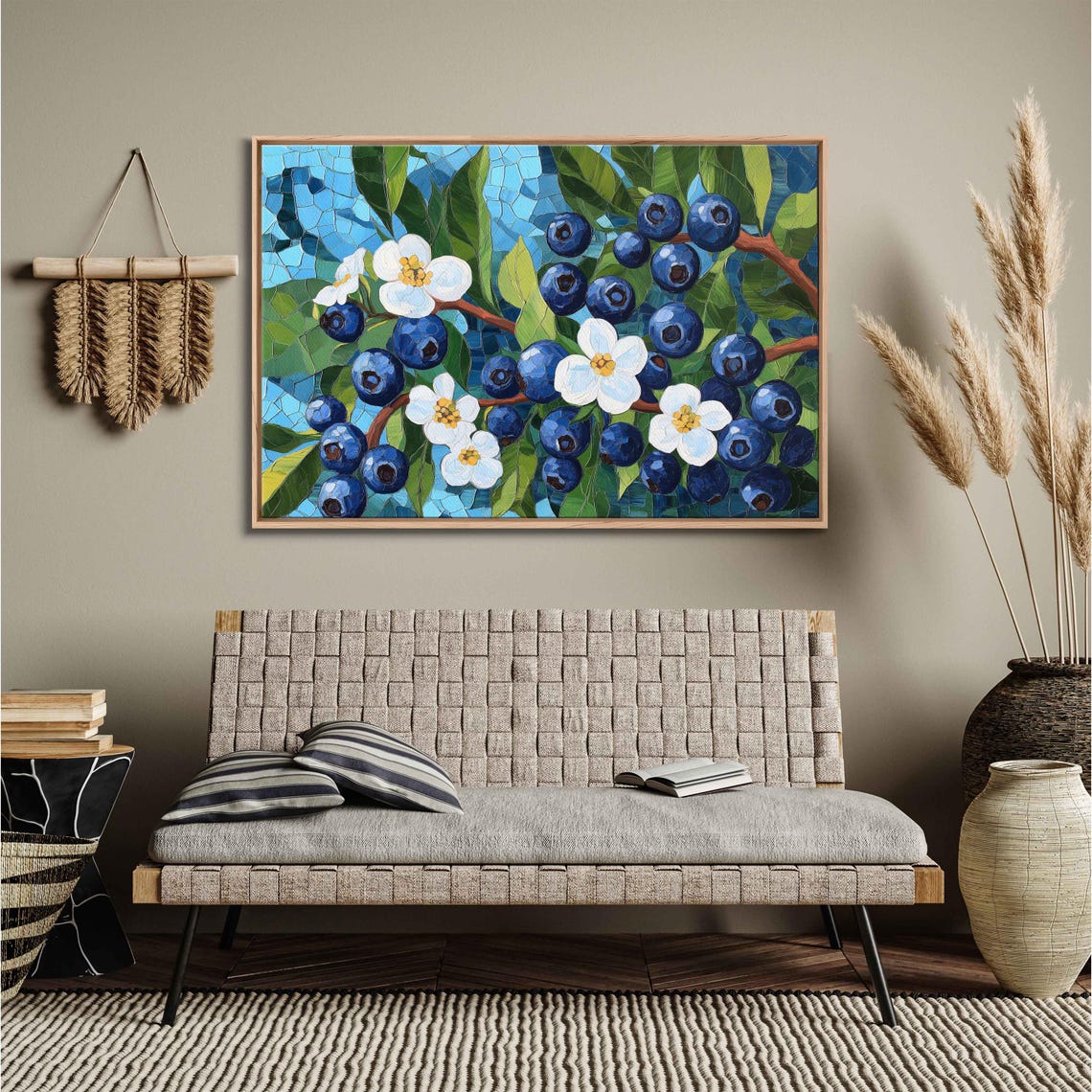 Blueberry Blossoms Mosaic Stained Glass Style Teal Kitchen Art Poster