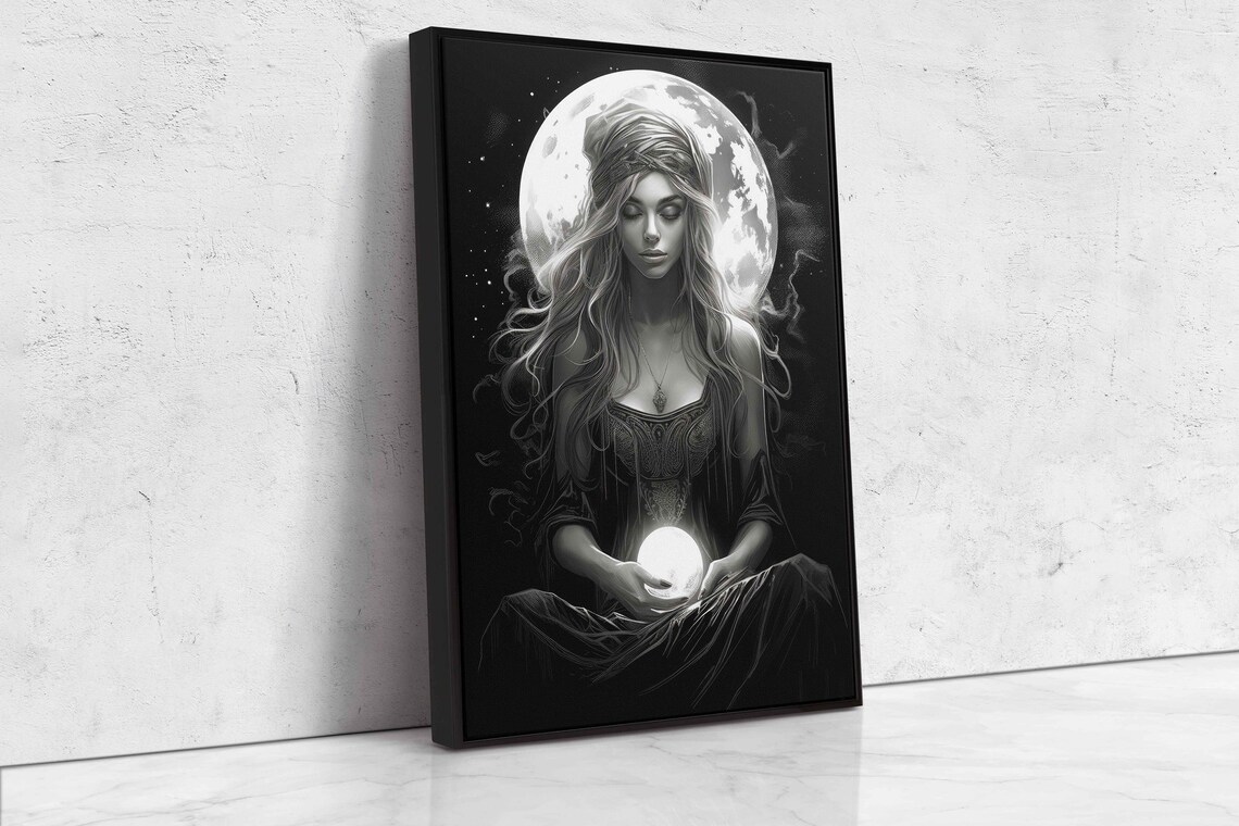 Celestial Sorceress Black White Full Moon Glowing Orb Halloween Art Print - Image 4
