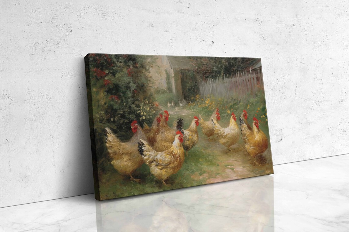 Chickens In Farmyard Garden Oil Painting Rustic Farmhouse Art Poster - Image 4