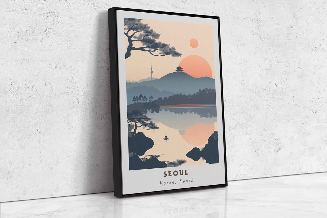 Seoul South Korea N Seoul Tower Sunset Lake Minimalist Travel Poster - Image 2