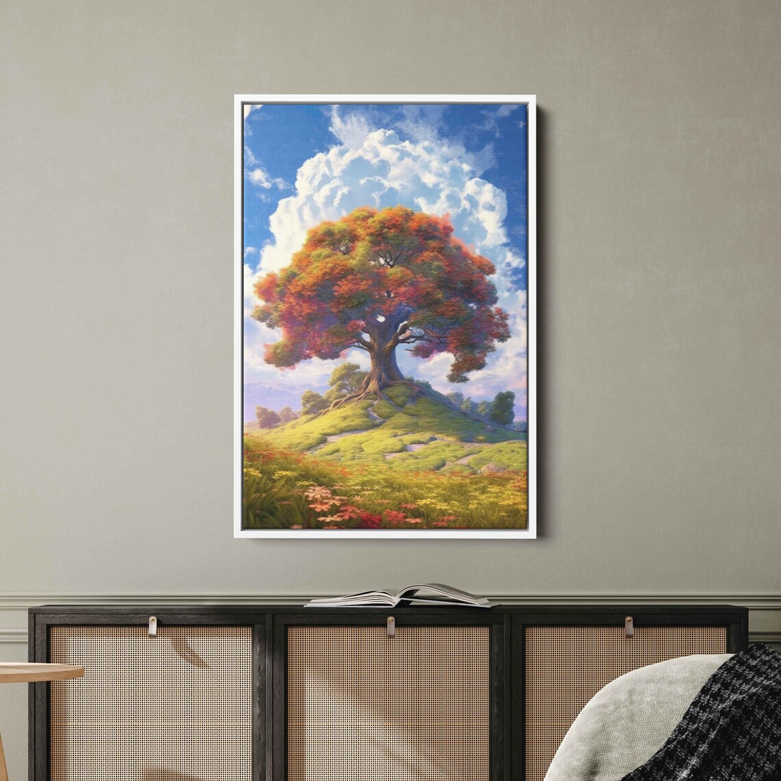 Colorful Ancient Tree In An Open Field Colorful Cloudy Skies Framed Print Ready To Hang - Image 2