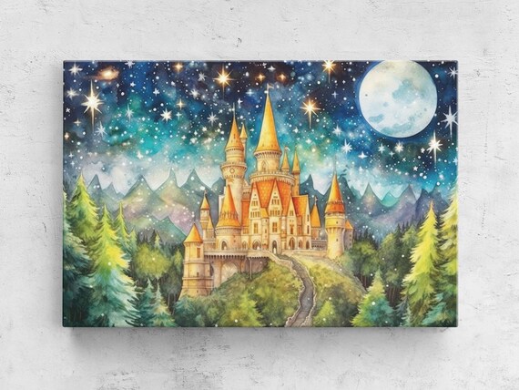 Golden Castle on Hill Full Moon Starry Night Pine Forest Wall Poster