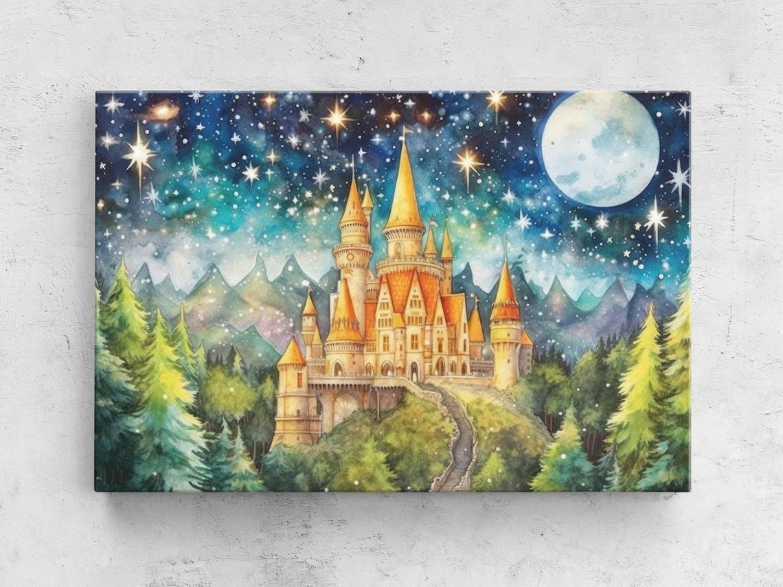 Golden Castle on Hill Full Moon Starry Night Pine Forest Wall Poster