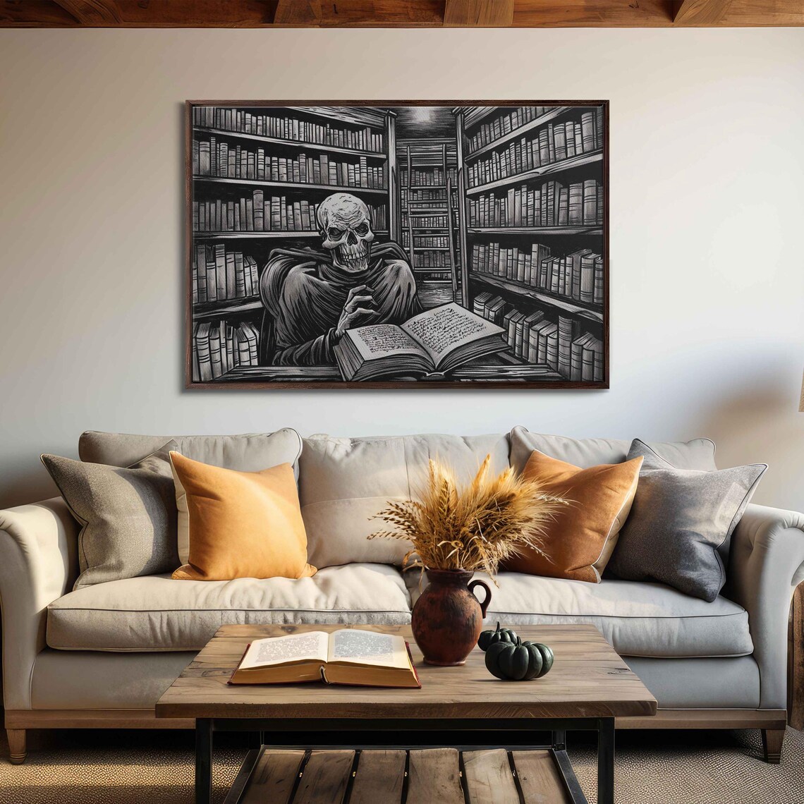 Hooded Skeleton Reading Big Book At Desk In Dark Library Ink Art Poster - Image 3
