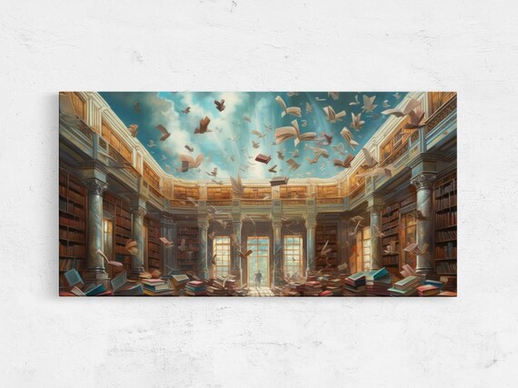 Magical Wizard Library Flying Books Fantasy Surrealism Wall Art Print