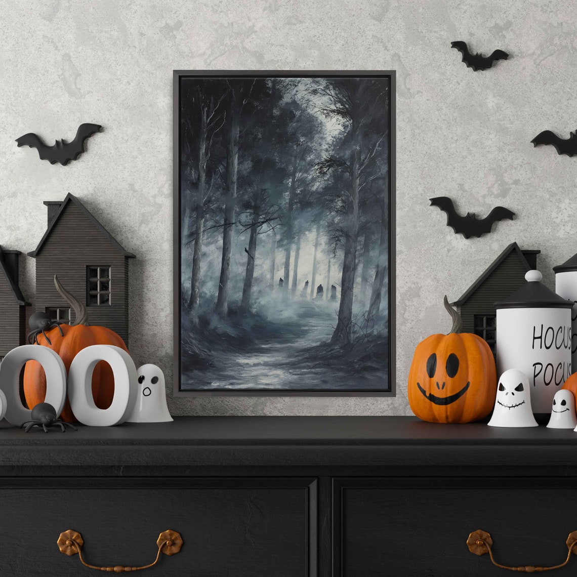 Ghostly Figures Misty Dark Forest Foggy Night Halloween Spooky Print
