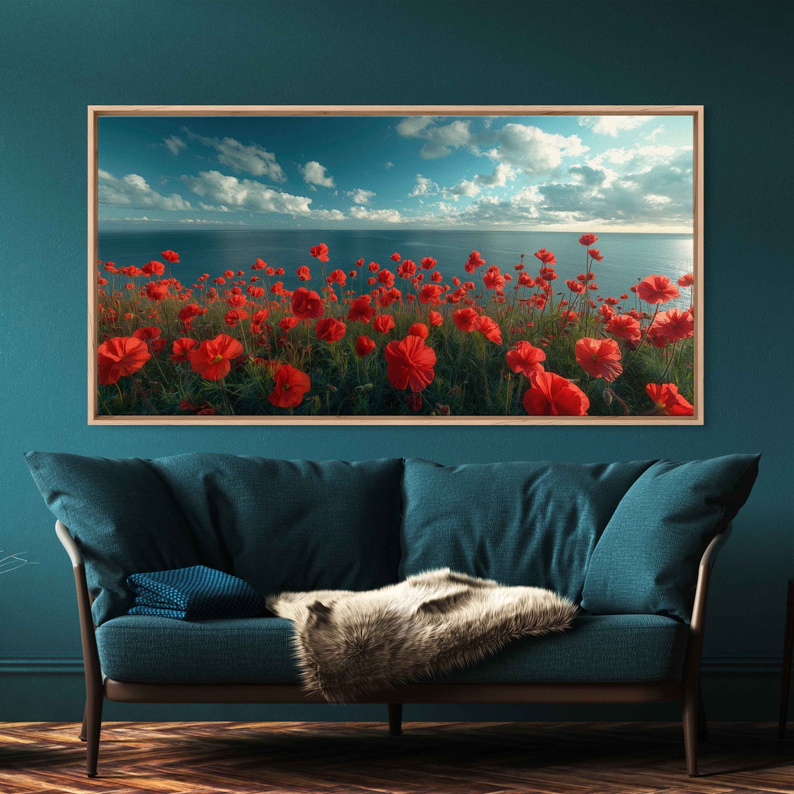 Red Poppy Flowers Field Ocean Backdrop Blue Sky Panoramic Wall Art