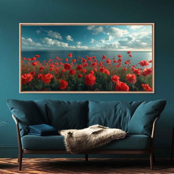 Red Poppy Flowers Field Ocean Backdrop Blue Sky Panoramic Wall Art