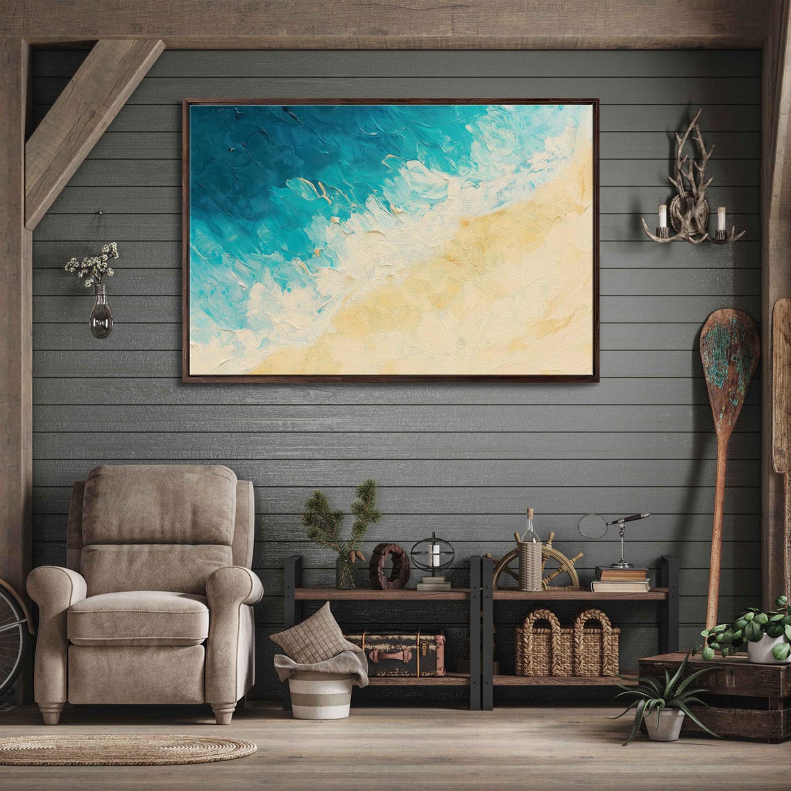 Aerial Beach Turquoise Waves Golden Sand Ocean Coastline Art Poster