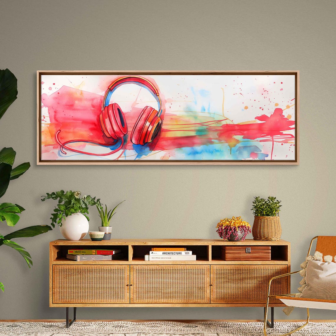 Red Headphones Watercolor Splashes Pink Blue Panoramic Wall Poster - Image 3