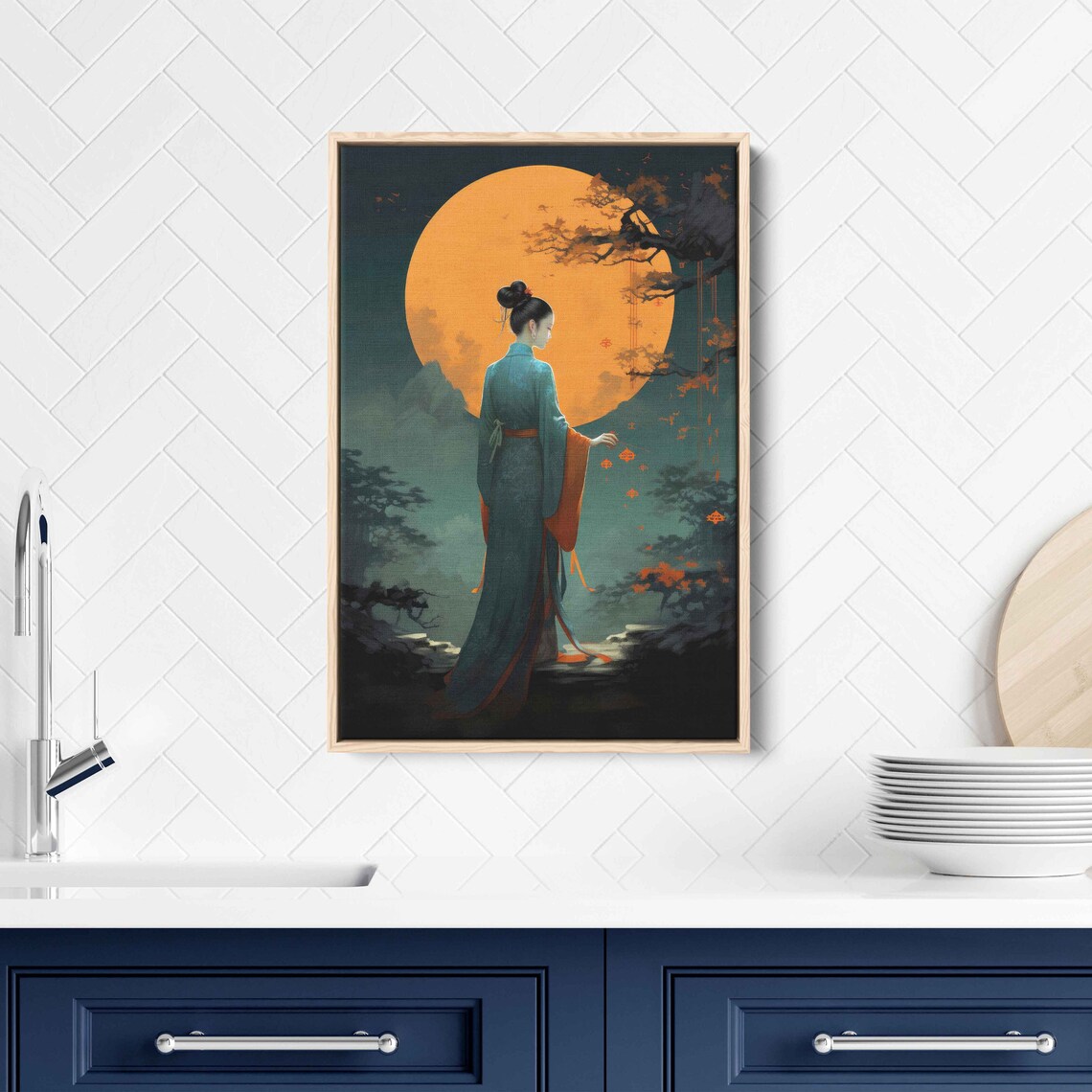 Japanese Woman Kimono Golden Full Moon Night Retro Asian Art Poster - Image 2