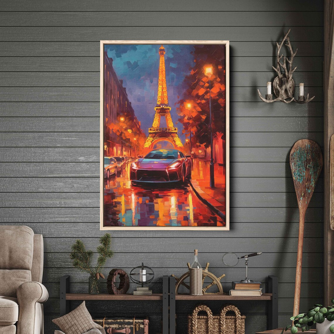 Paris Eiffel Tower Night Sports Car Wet Street Lamps Painting Poster - Image 2