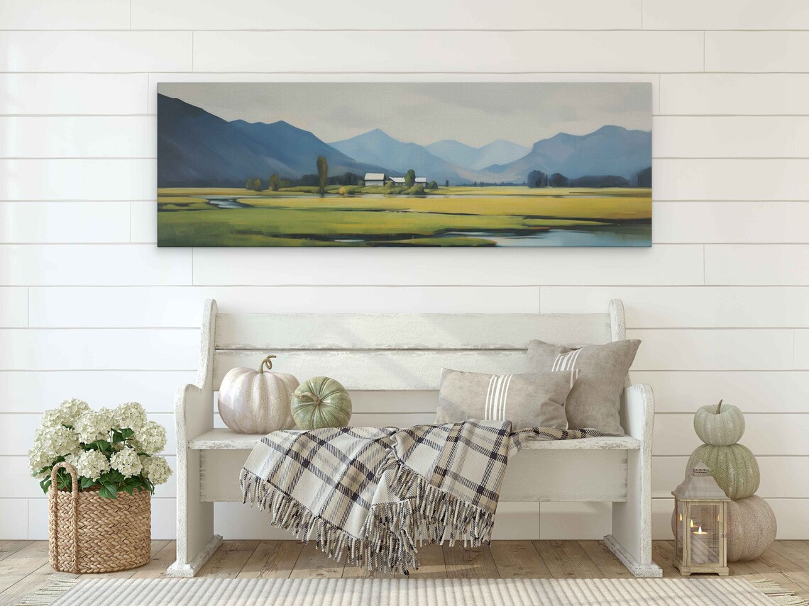 Panoramic Landscape Watercolor Field Wall Art Print Rural Farm Mountain Line Ready To Hang - Image 2