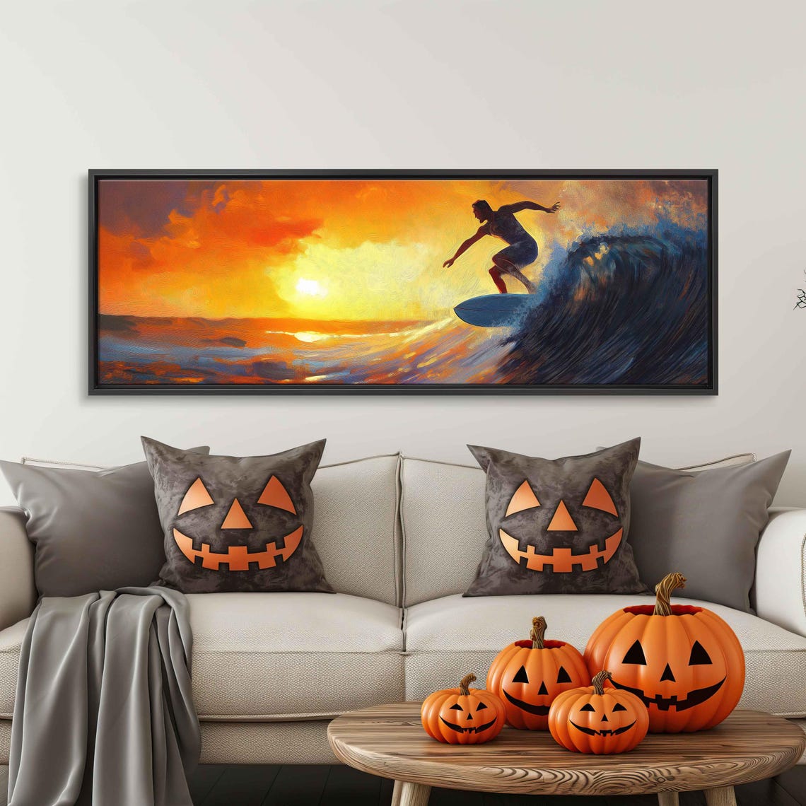 Surfer Riding Wave At Golden Orange Sunset Ocean Painting Poster - Image 3