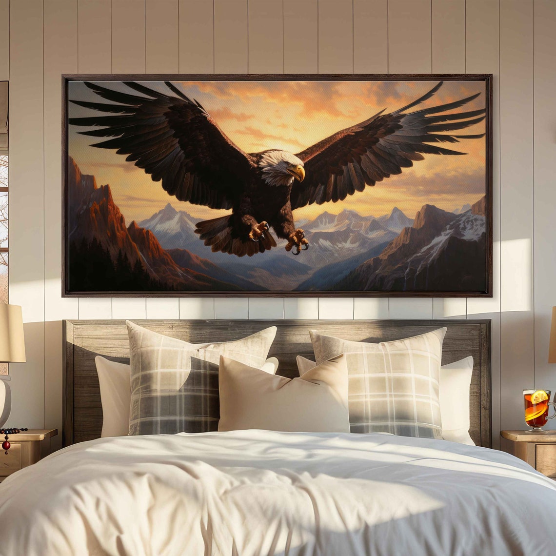 Bald Eagle Soaring Over Snowy Mountains At Sunrise Wildlife Print