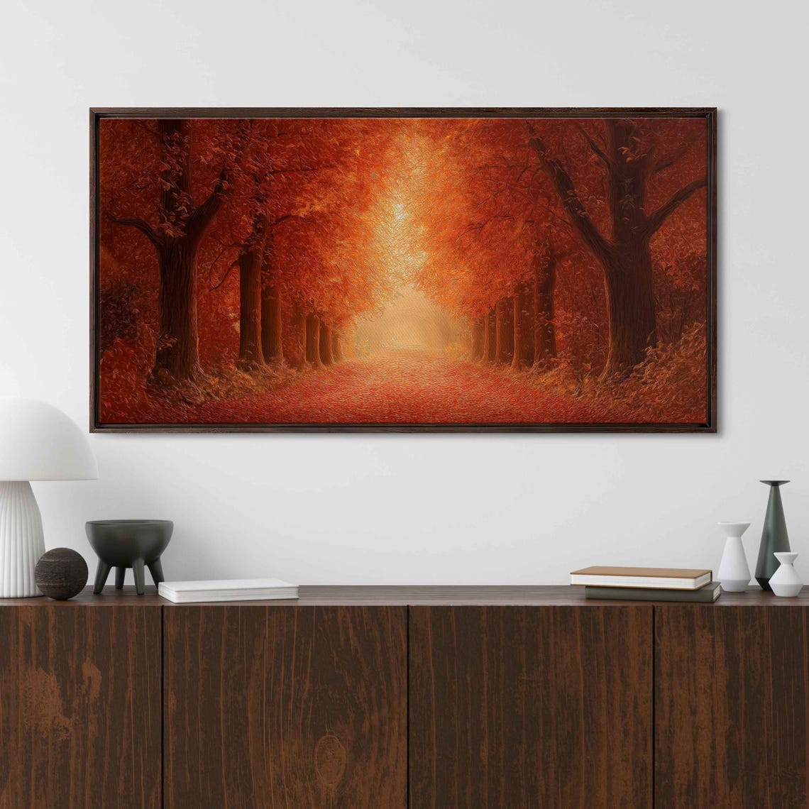 Fiery Autumn Forest Pathway Glowing With Red Foliage At Dusk Poster