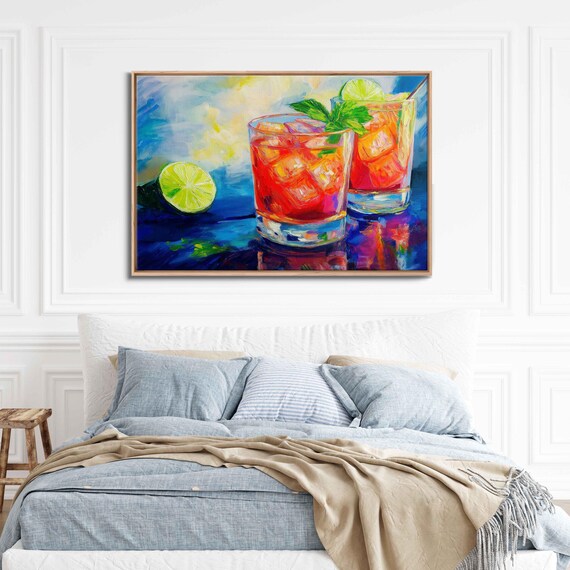 Crimson Citrus Cocktails Lime Mint Ice Vibrant Blue Bar Art Poster