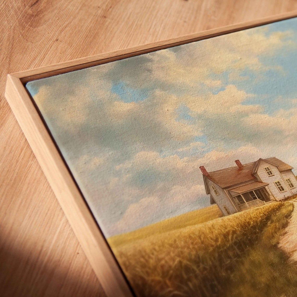 Farmhouse With Crop Field Landscape Painting Blue Cloudy Sky Lush Greenery Wall Art Print Ready To Hang - Image 2