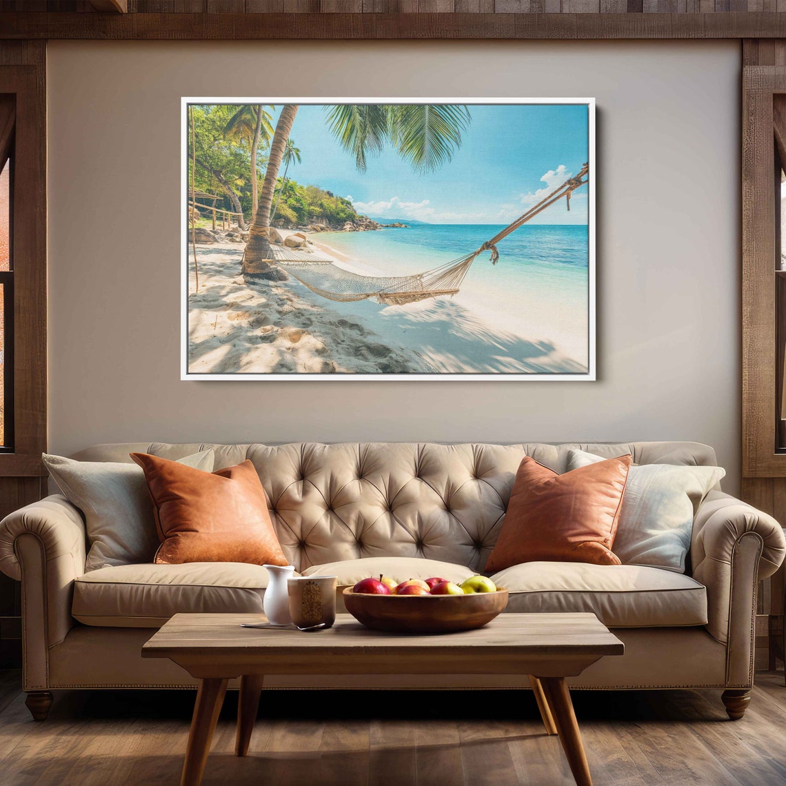 Beach Hammock Between Palms Turquoise Ocean View Tropical Poster - Image 3