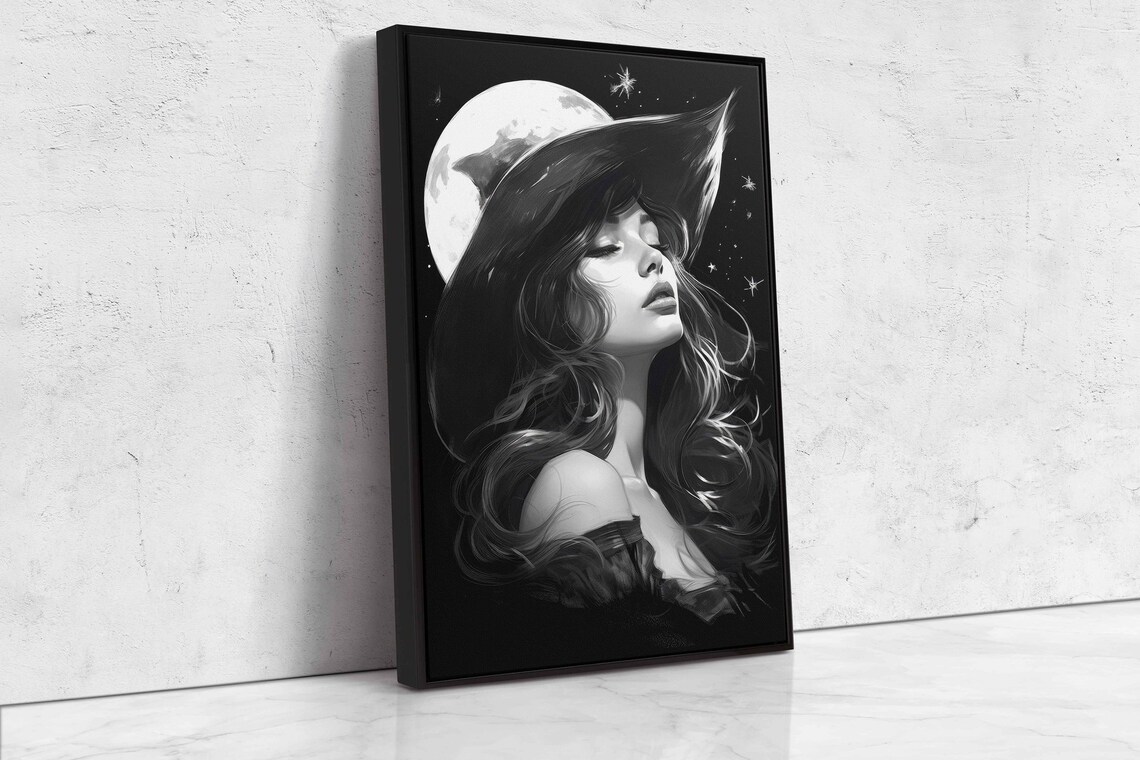 Celestial Witch Black White Portrait Full Moon Stars Halloween Art Print - Image 4