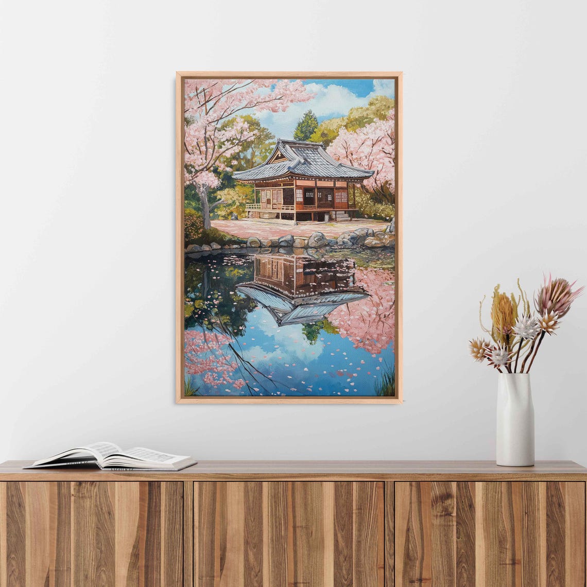Japanese Tea House Wall Art Print Cherry Blossom Garden Tranquil Pond Reflection
