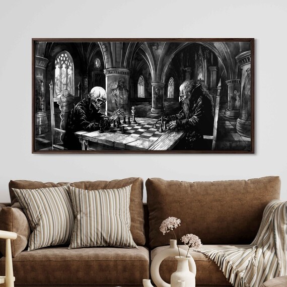 Skeleton And Ghoul Playing Chess In Gothic Hall Dark Spooky Ink Poster