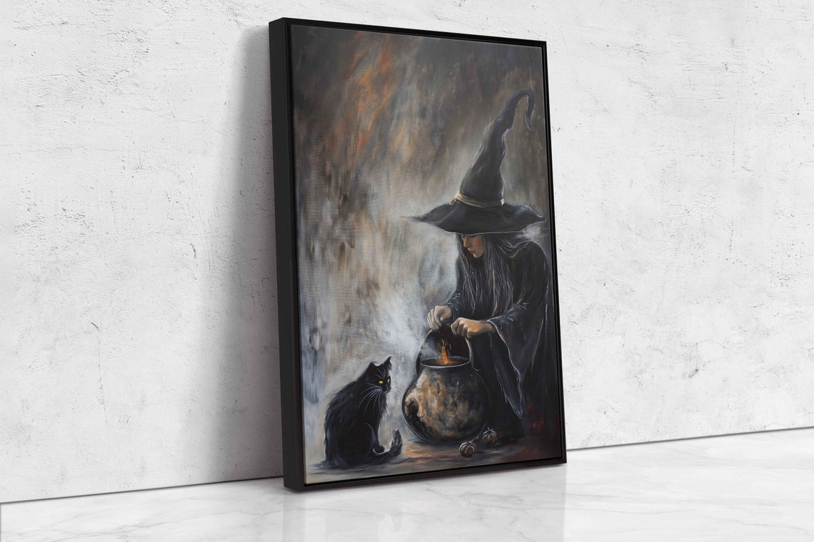 Witch Brewing Potion Cauldron Black Cat Dark Smoke Spooky Art Poster - Image 4