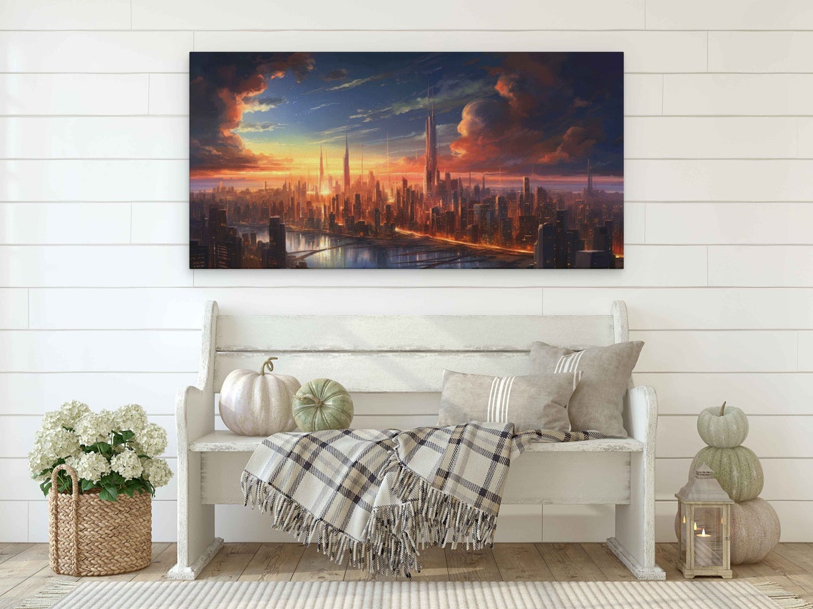 Stunning City Skyline At Sunset Framed Print Ready To Hang - Image 2