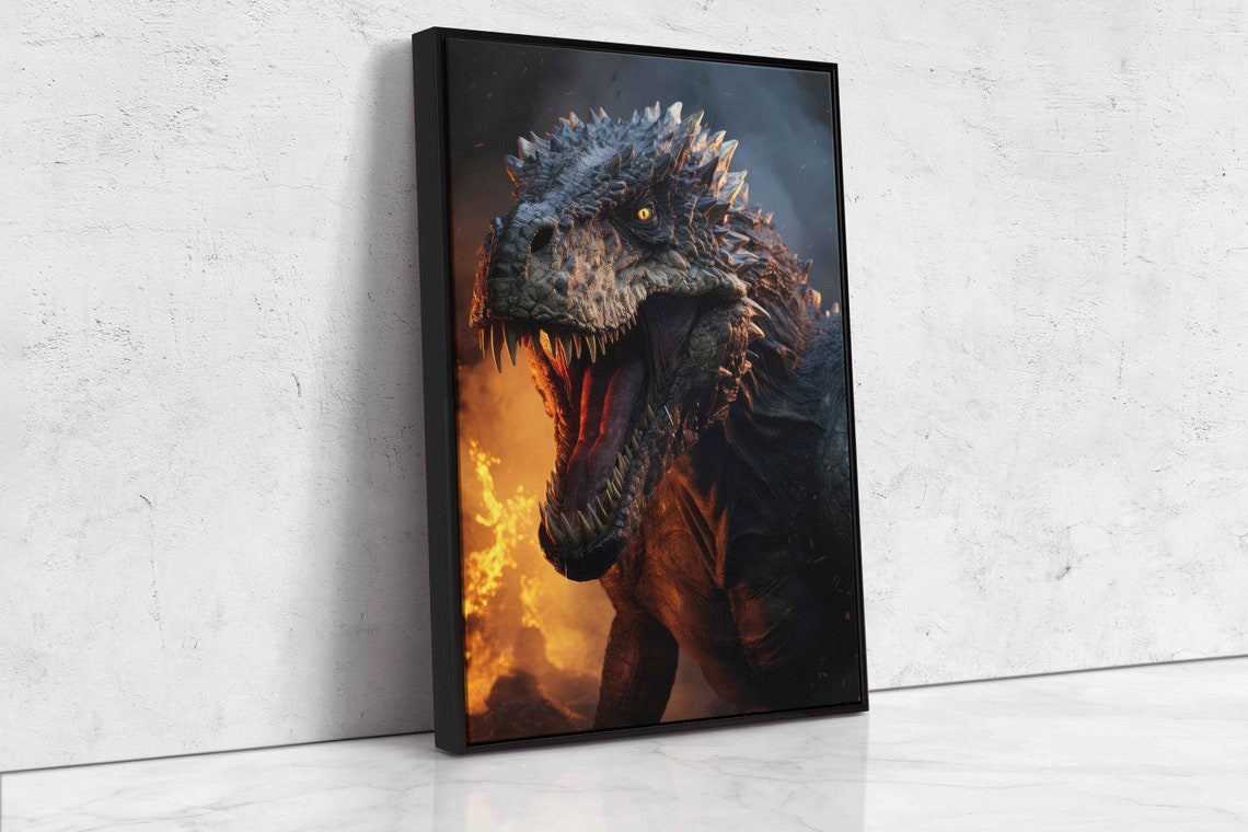 Roaring T-Rex Dinosaur Flames Fiery Background Dramatic Fantasy Poster - Image 4