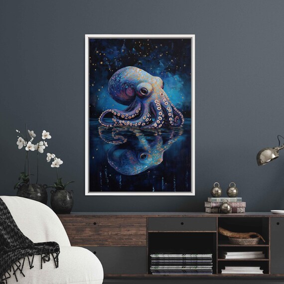Octopus Under a Starry Night Sky, Wall Art Print
