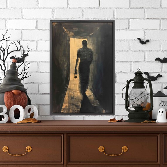 Mummy With Lantern Walking Dark Corridor Minimalist Horror Print