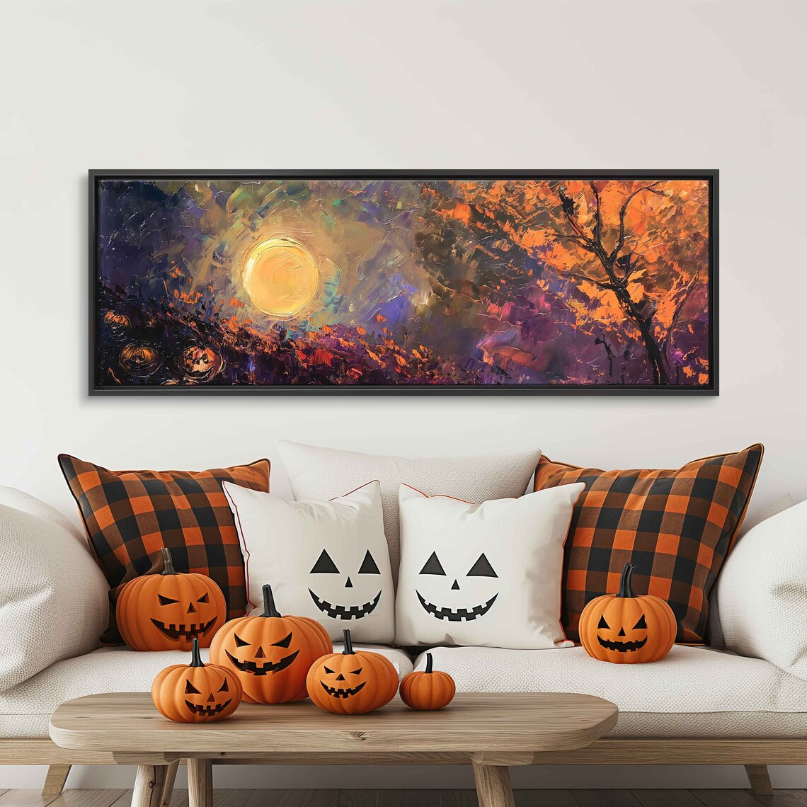 Harvest Moon Rising Over Autumn Forest Orange Impasto Night Poster