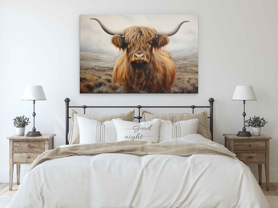 Highland Cow Close Up Portrait Misty Moor Golden Fur Watercolor Poster - Image 3