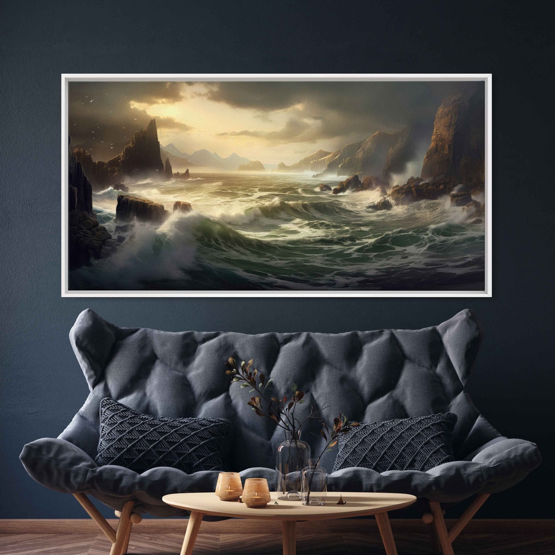 Crashing Waves Rocky Sea Cliffs Stormy Golden Coast Seascape Poster - Image 2