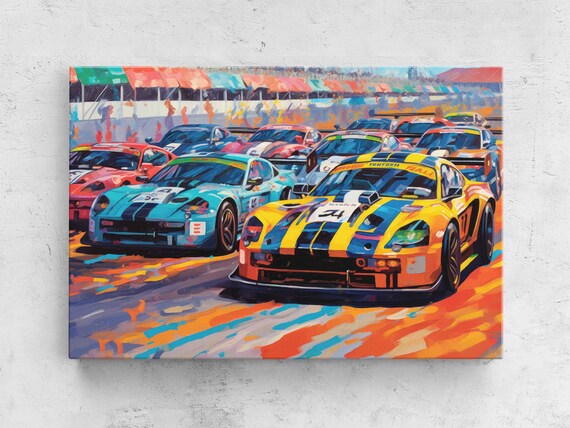 Colorful Abstract Painting Of Racecars Framed Print Ready To Hang Gift For Car Enthusiast Auto Shop Decor
