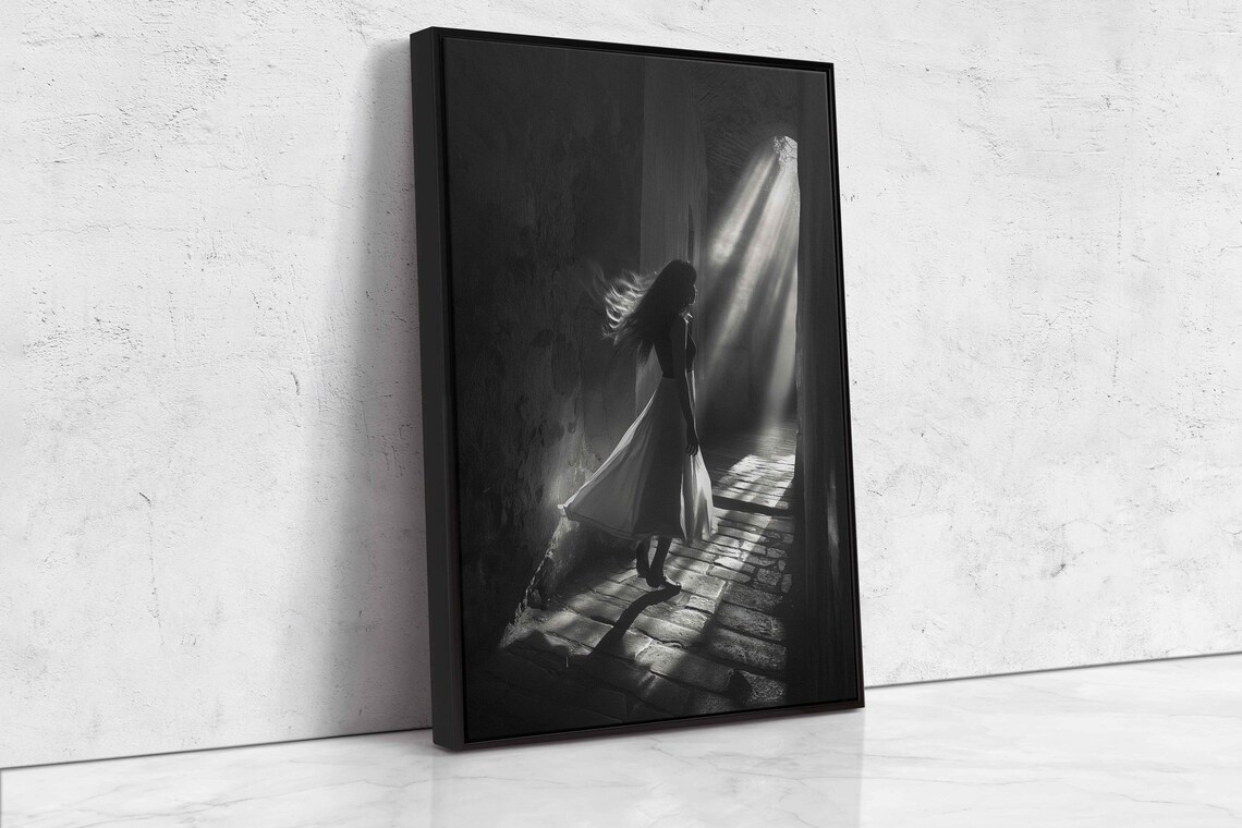 Woman In Flowing Dress In Sunlit Stone Archway Black And White Art Print - Image 4