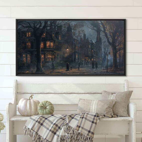 Eerie Foggy Night Old Town Street Lit Halloween Mystery Poster