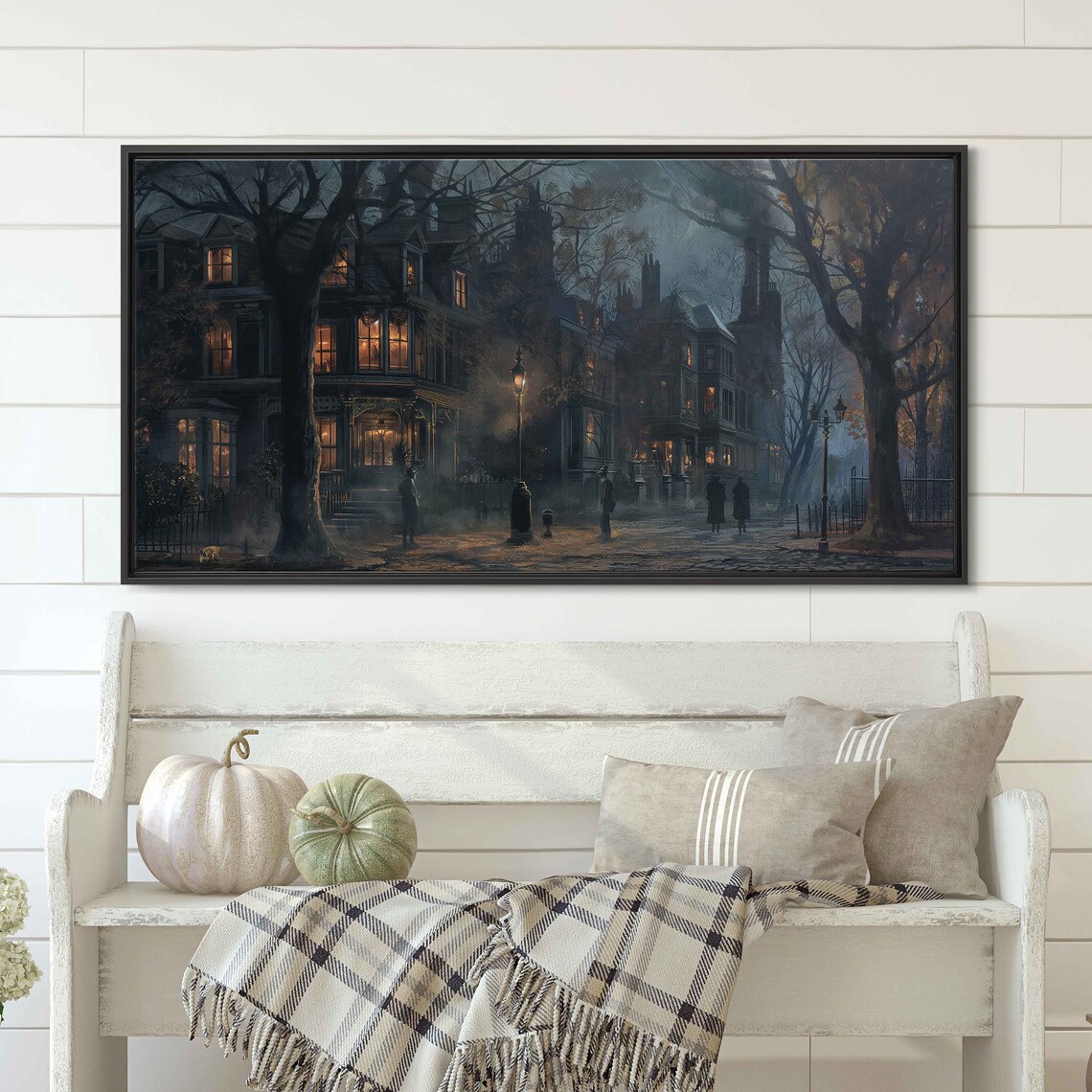 Eerie Foggy Night Old Town Street Lit Halloween Mystery Poster