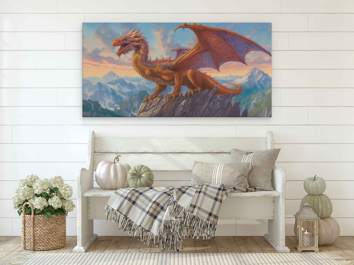 Majestic Red Dragon Mountain Peak Fantasy Creature Detailed Painting Print - Image 2