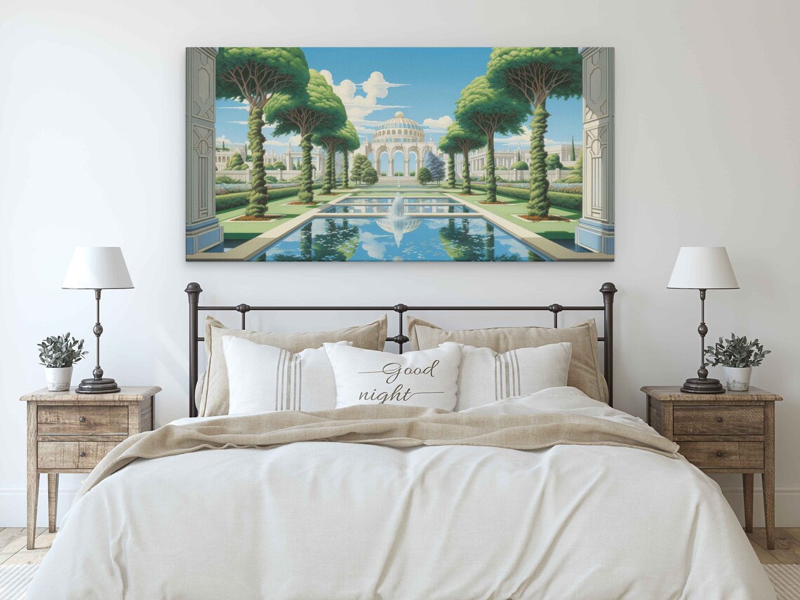 Art Deco Ponds Walk Wall Art Print Tree Lined Reflection Pond Gazebo Ready To Hang - Image 3