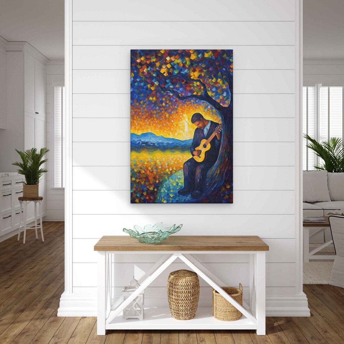 Guitar Man Playing Acoustic Guitar Under Mosaic Tree At Sunset Art Poster - Image 2