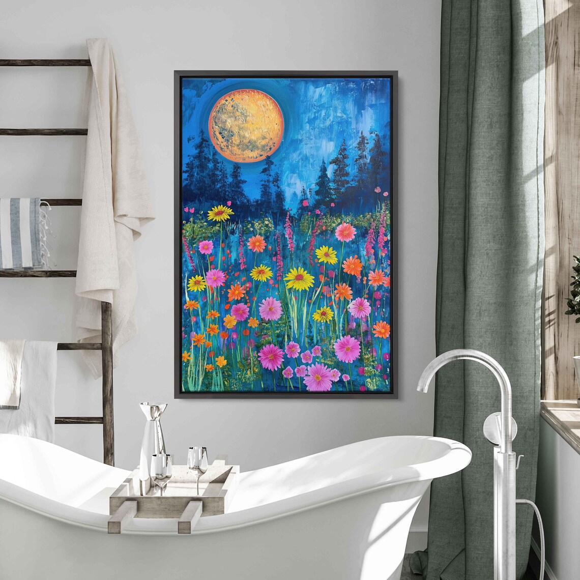 Wildflower Meadow Orange Full Moon Night Daisies Starry Sky Painting Poster - Image 2